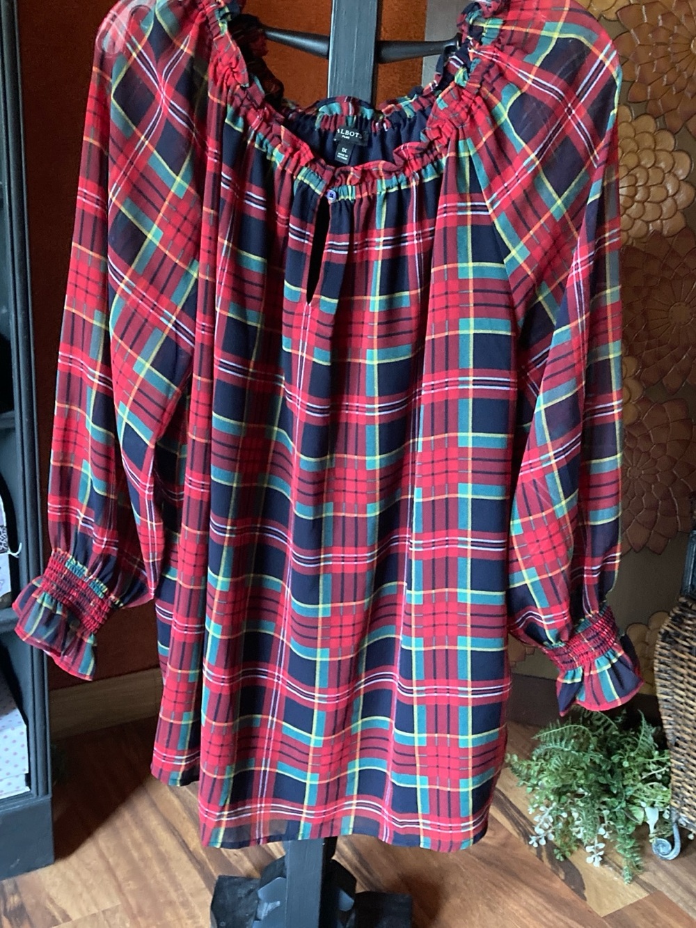 NWOT Talbots plus size 1X red tartan plaid peasant style pullover blouse